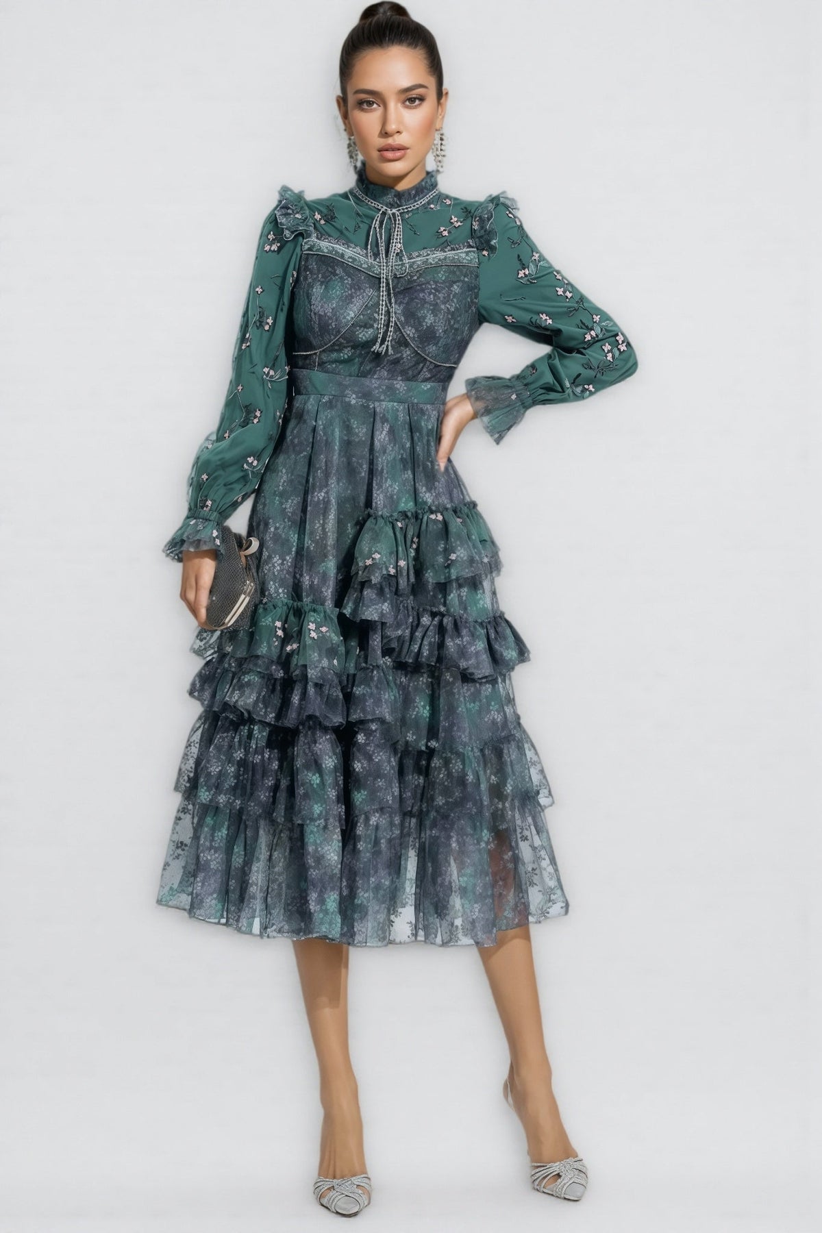 Floral Print Tie Neck Long Sleeve Tiered Ruffle Midi Dress - View 4