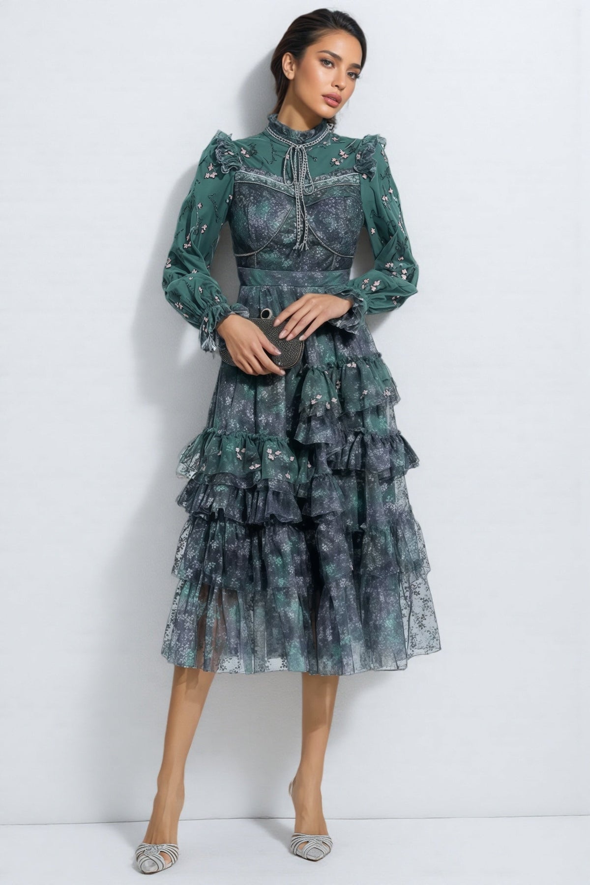 Floral Print Tie Neck Long Sleeve Tiered Ruffle Midi Dress - View 3