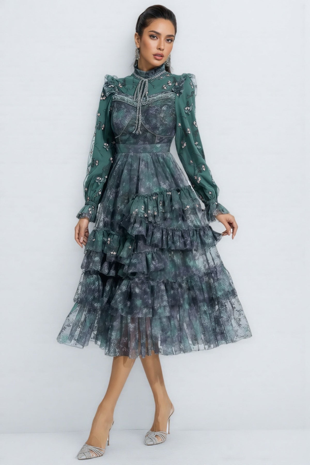 Floral Print Tie Neck Long Sleeve Tiered Ruffle Midi Dress - View 2