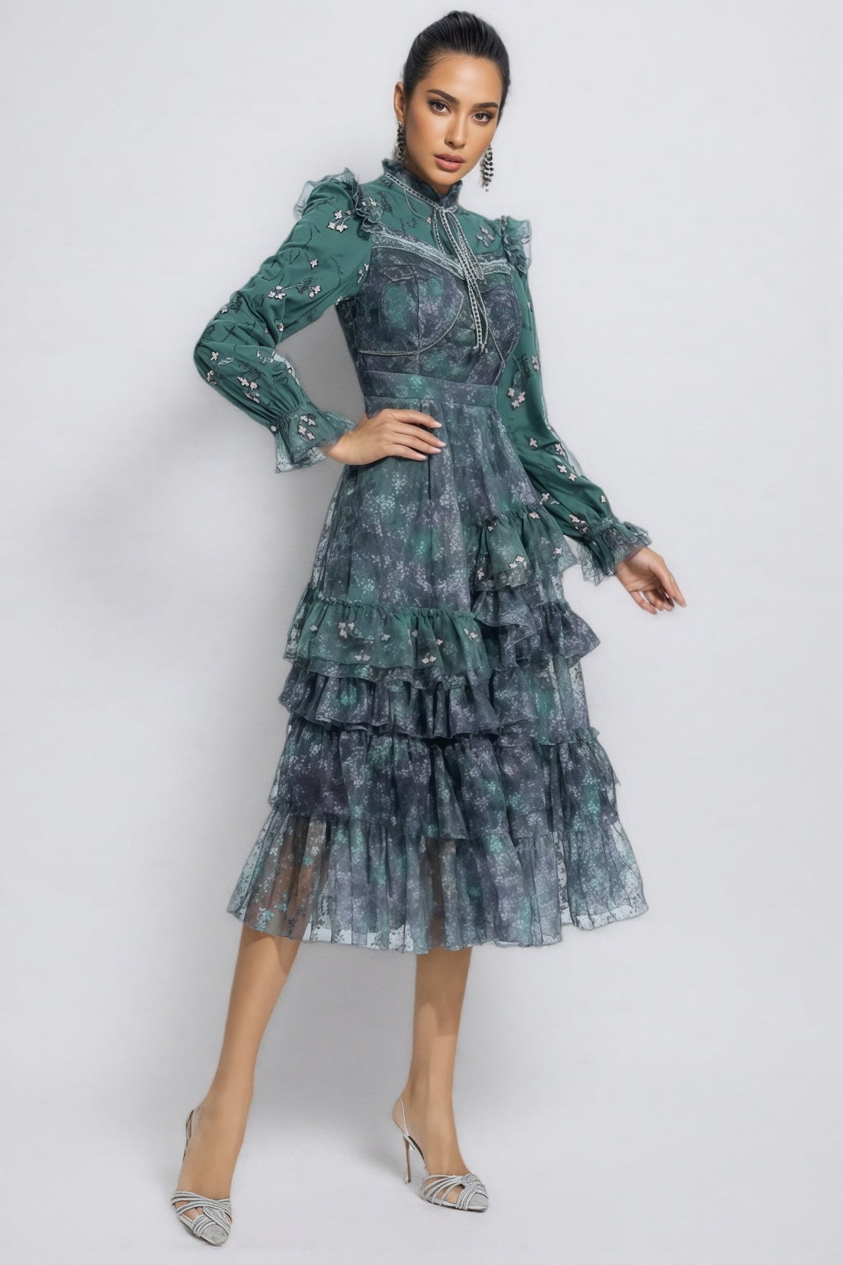 Floral Print Tie Neck Long Sleeve Tiered Ruffle Midi Dress - View 5