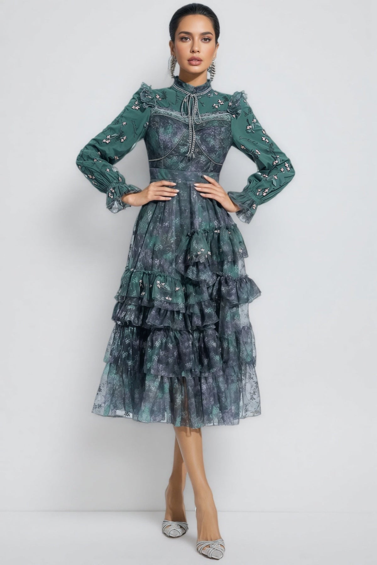 Floral Print Tie Neck Long Sleeve Tiered Ruffle Midi Dress