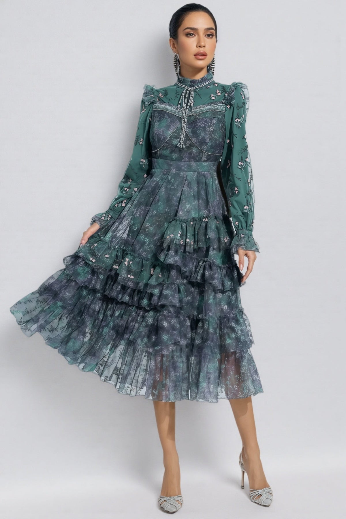 Floral Print Tie Neck Long Sleeve Tiered Ruffle Midi Dress - View 6