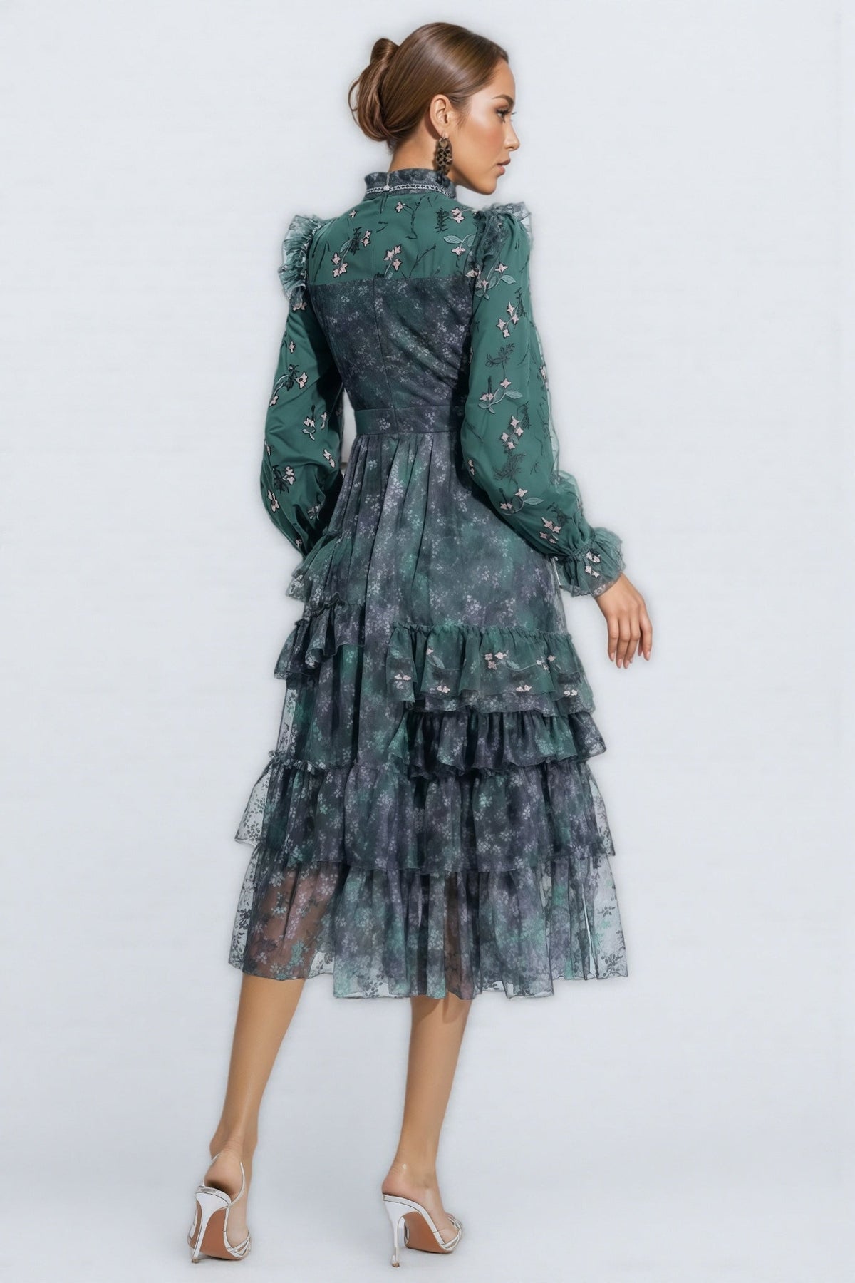 Floral Print Tie Neck Long Sleeve Tiered Ruffle Midi Dress - View 7