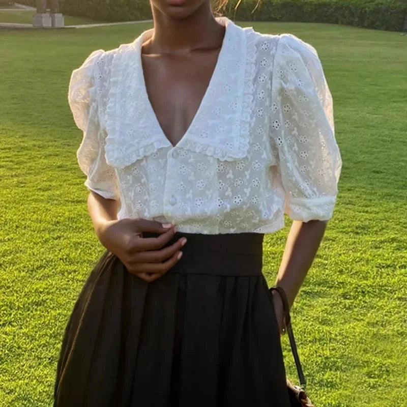 Hollow Lace Puff Sleeve Peter Pan Collar Blouse