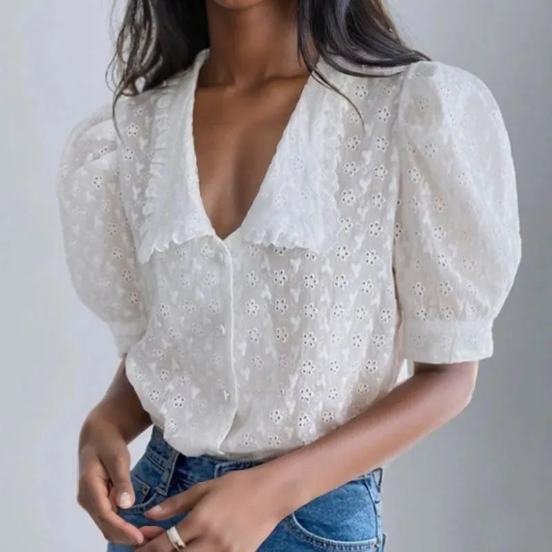 Hollow Lace Puff Sleeve Peter Pan Collar Blouse