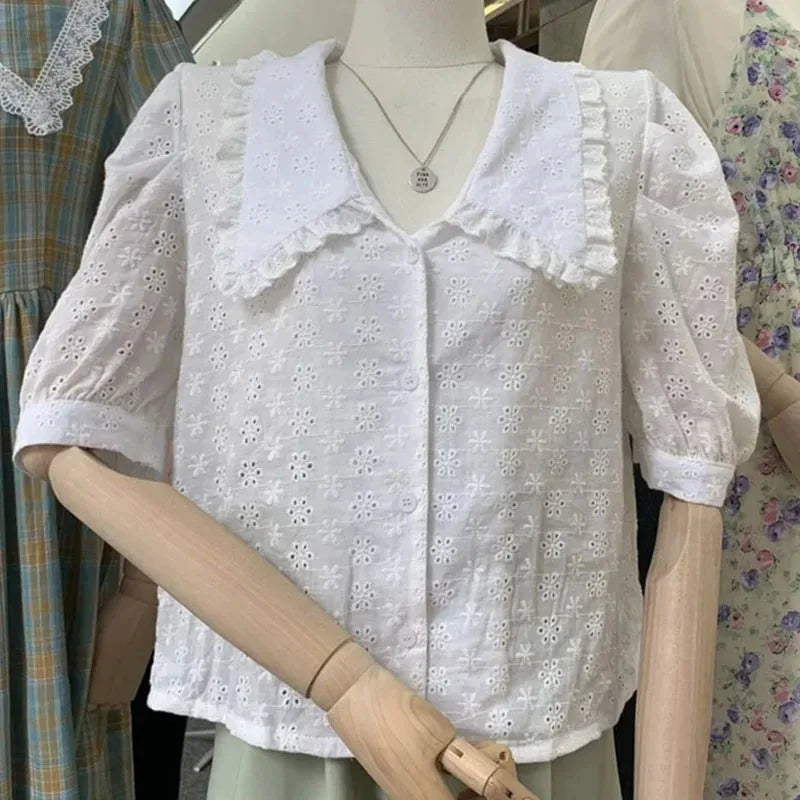 Hollow Lace Puff Sleeve Peter Pan Collar Blouse