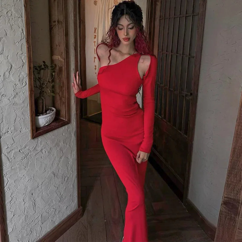 One Shoulder Long Sleeve Cut Out Bodycon Maxi Dress 2