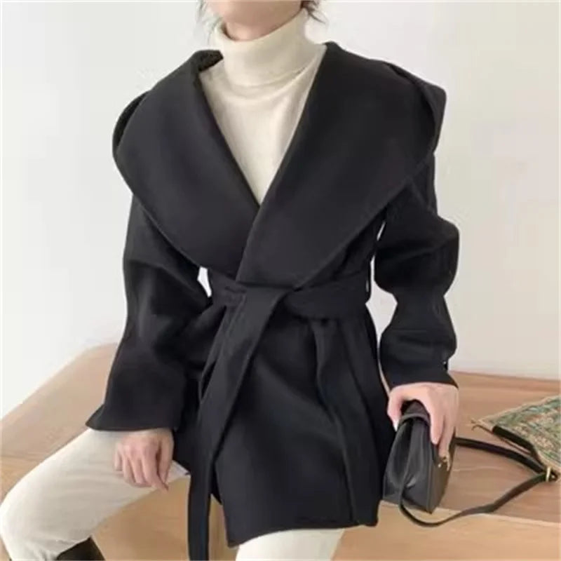 Lace-Up Woolen Hooded Jacket Overcoat