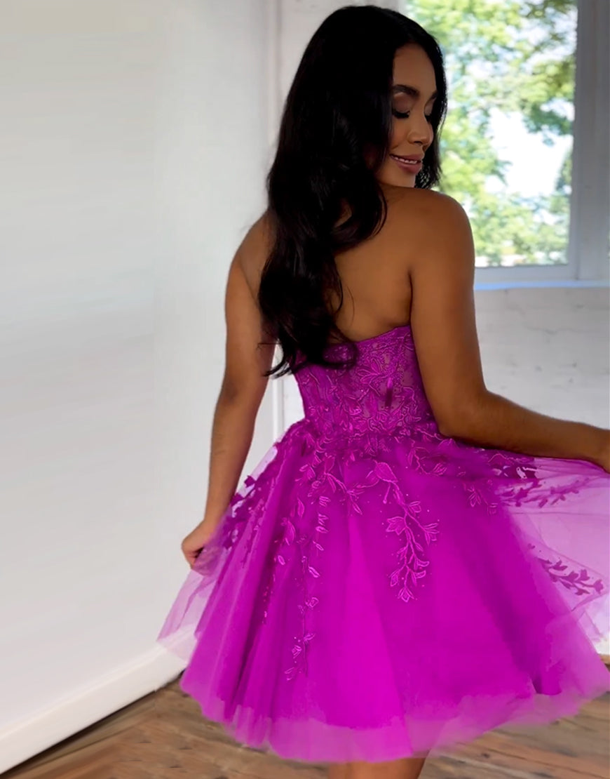 Hot Pink A-Line Strapless Tulle Homecoming Dress With Appliques - Fashionpara