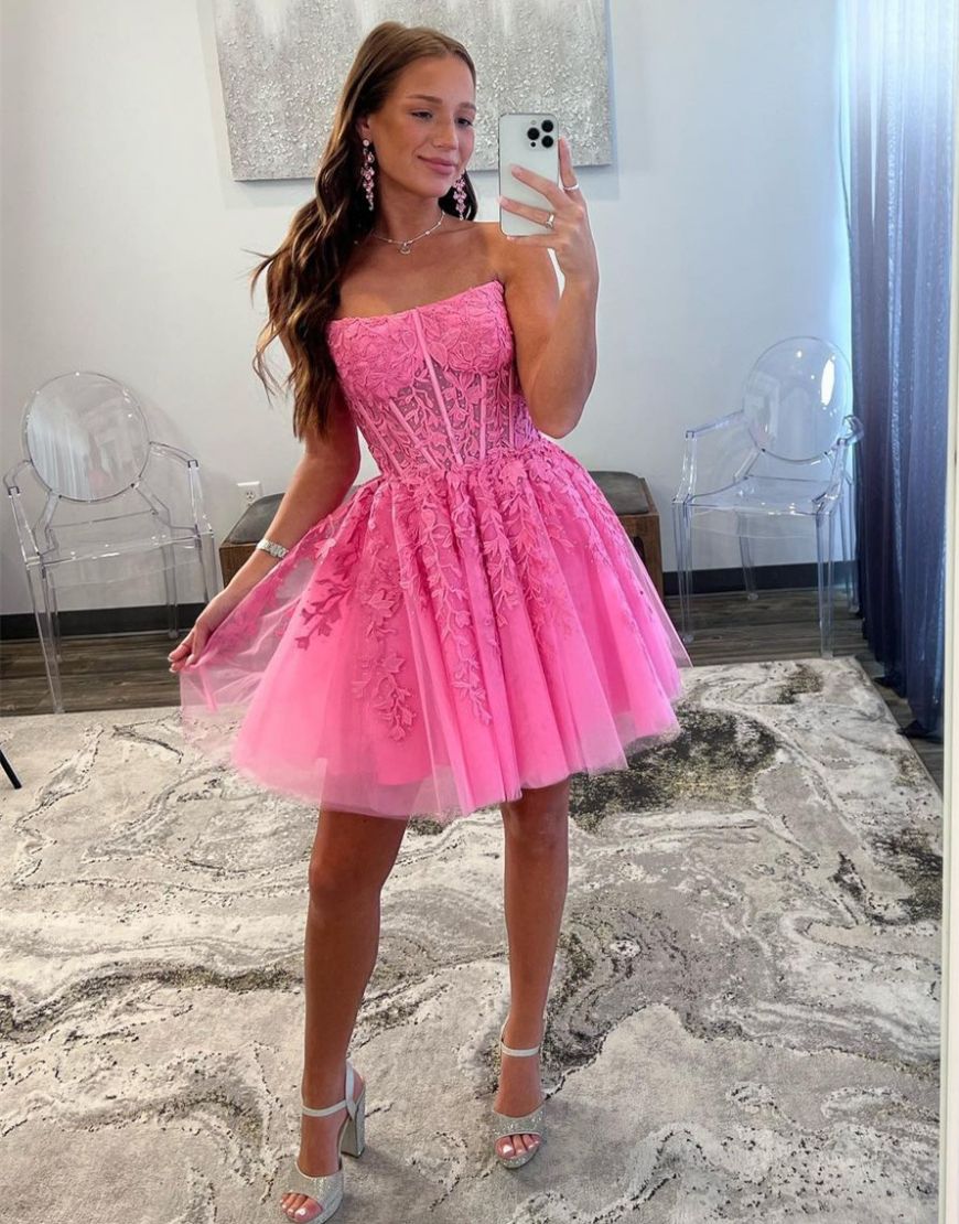 Hot Pink A-Line Strapless Tulle Homecoming Dress With Appliques - Fashionpara