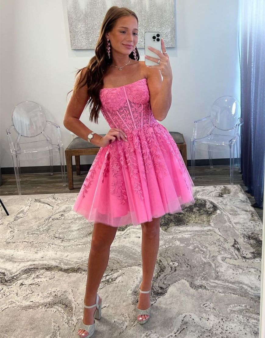 Hot Pink A-Line Strapless Tulle Homecoming Dress With Appliques - Fashionpara