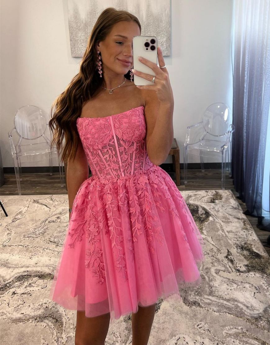 Hot Pink A-Line Strapless Tulle Homecoming Dress With Appliques - Fashionpara