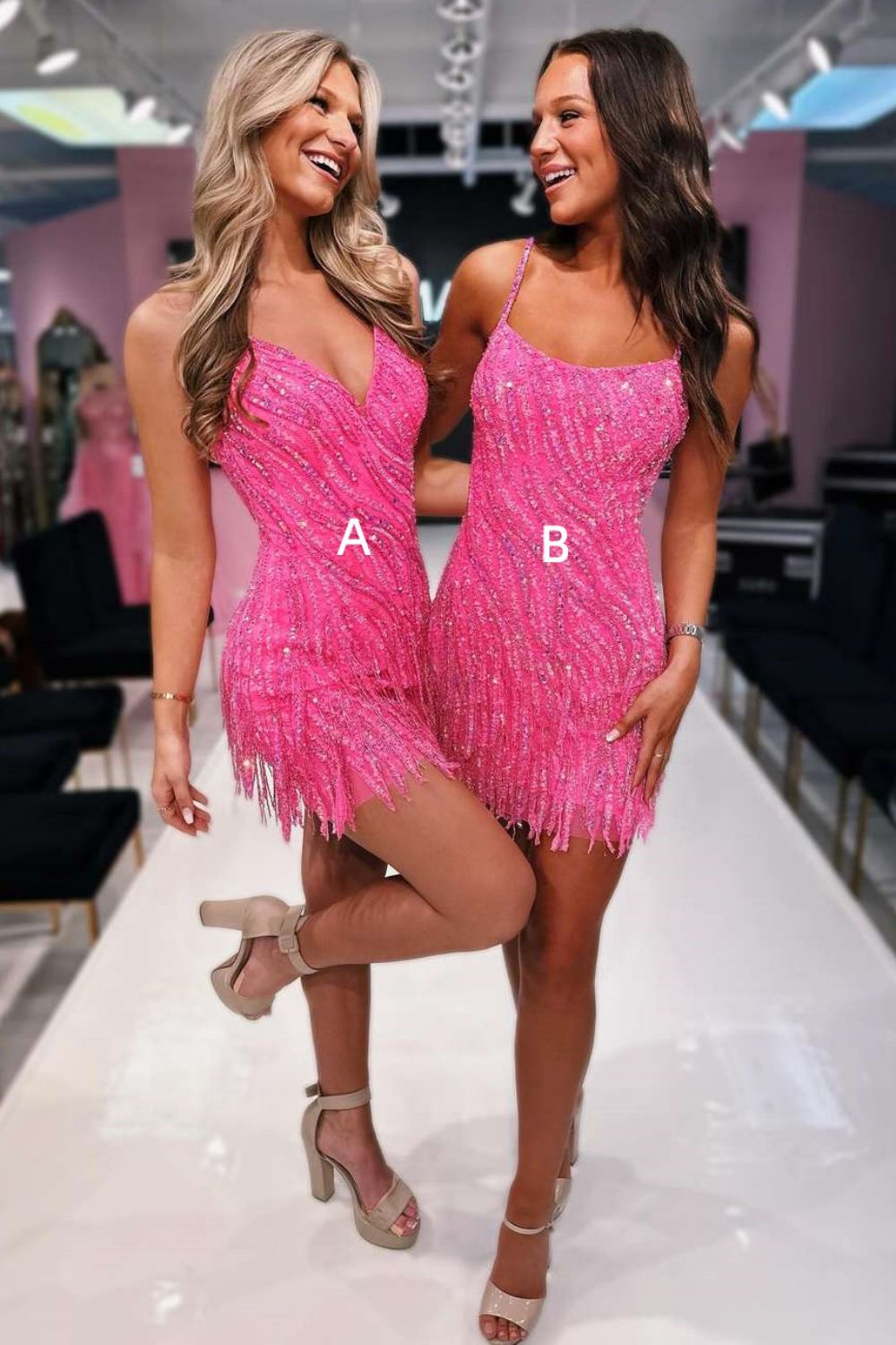 Hot Pink Bodycon Spaghetti Straps Short Sequin Homecoming Dress With Fringe - Fashionpara