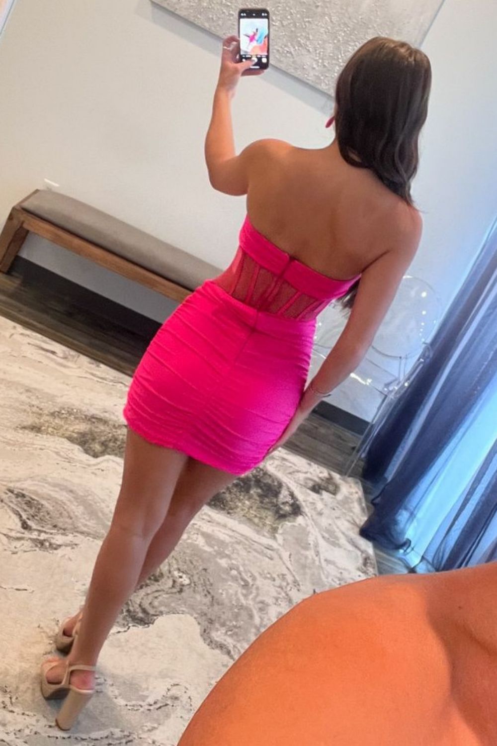 Hot Pink Bodycon Strapless Zipper Back Short Satin Homecoming Dress - Fashionpara