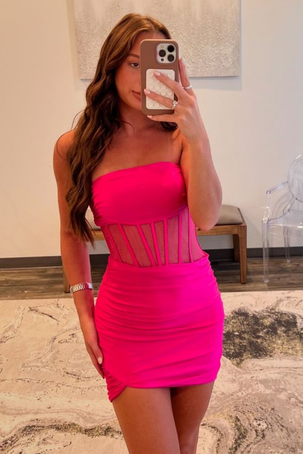 Hot Pink Bodycon Strapless Zipper Back Short Satin Homecoming Dress - Fashionpara