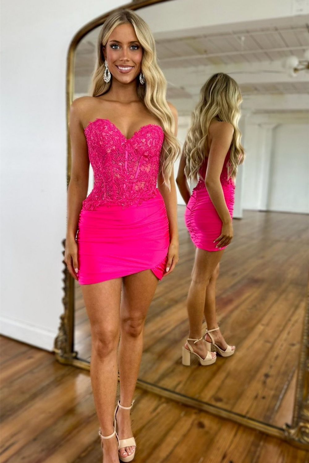 Hot Pink Mermaid Sweetheart Lace Top Short Homecoming Dress - Fashionpara