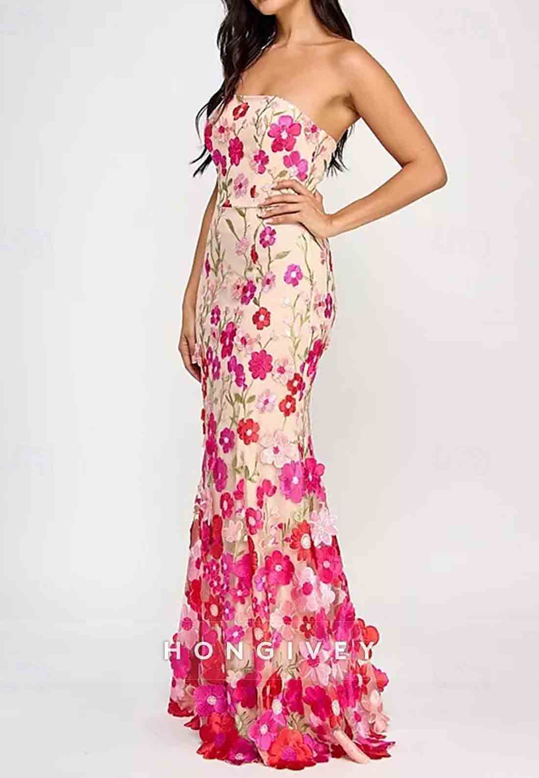 Trumpet Semi Formal Wedding Floor-Length Sleeveless Strapless Floral Embroidery Evening Gown