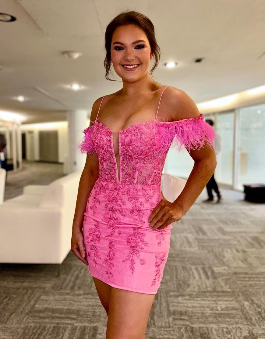 Hot Pink Off The Shoulder Tight Lace Homecoming Dress With Feather - Fashionpara