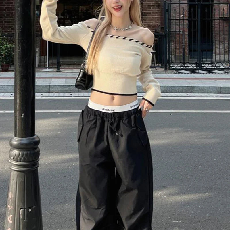 Slim Fit Korean Off-Shoulder Knitted Boat Neck Knit Top - Fashionpara