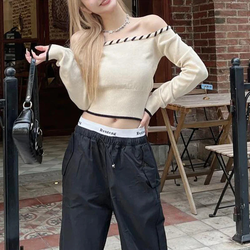 Slim Fit Korean Off-Shoulder Knitted Boat Neck Knit Top - Fashionpara