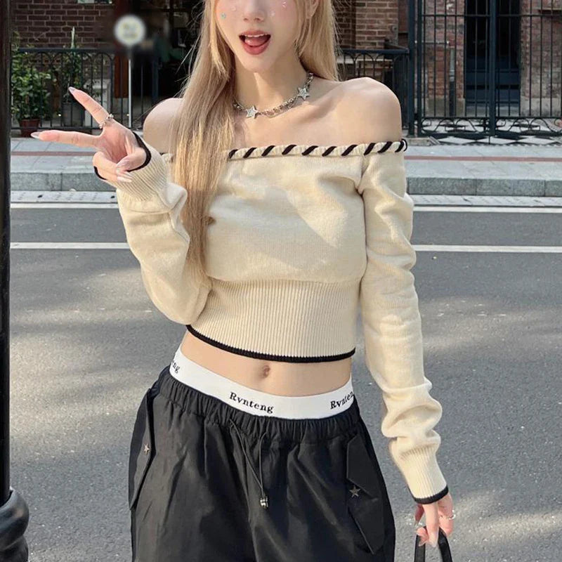 Slim Fit Korean Off-Shoulder Knitted Boat Neck Knit Top - Fashionpara