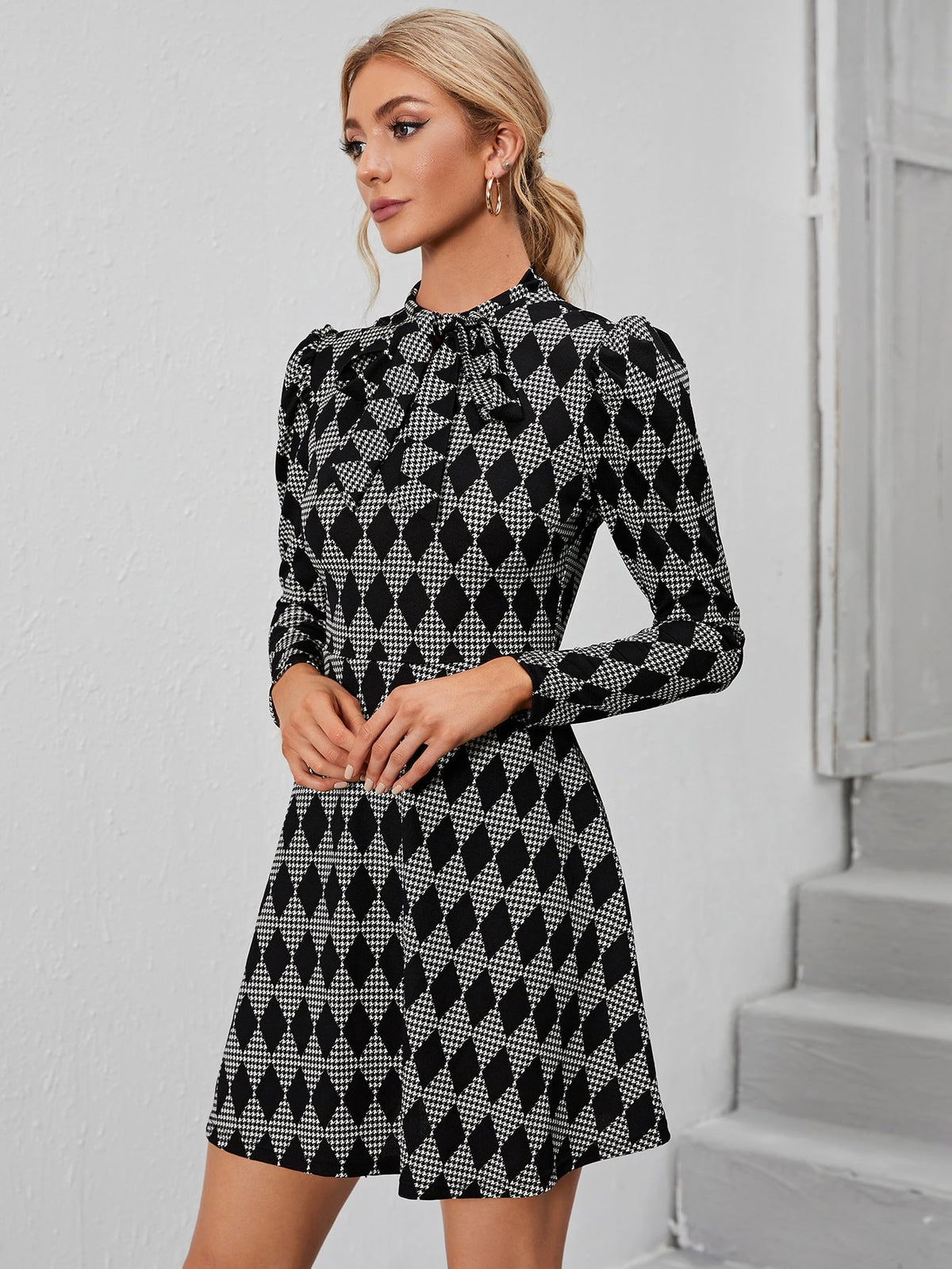 Diamond Print High Neck Long Sleeve Fit & Flare Dress