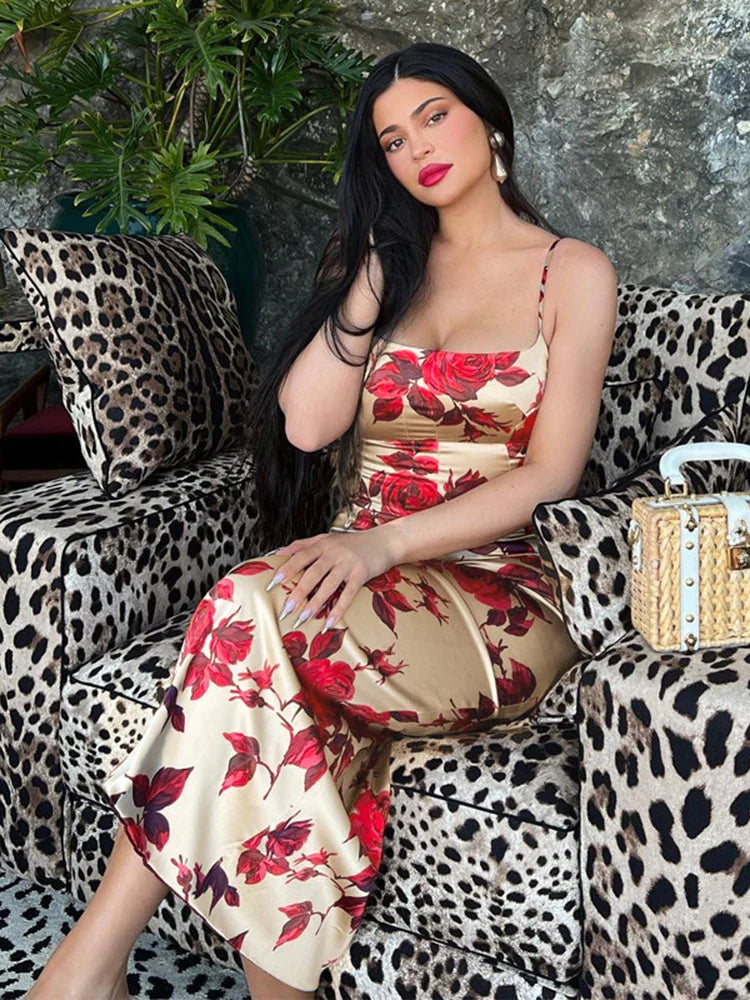 Sexy Y2K Floral Print Backless Bodycon Midi Dress