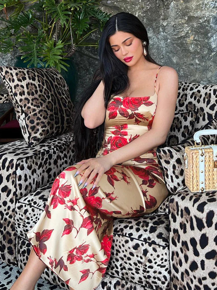 Sexy Y2K Floral Print Backless Bodycon Midi Dress