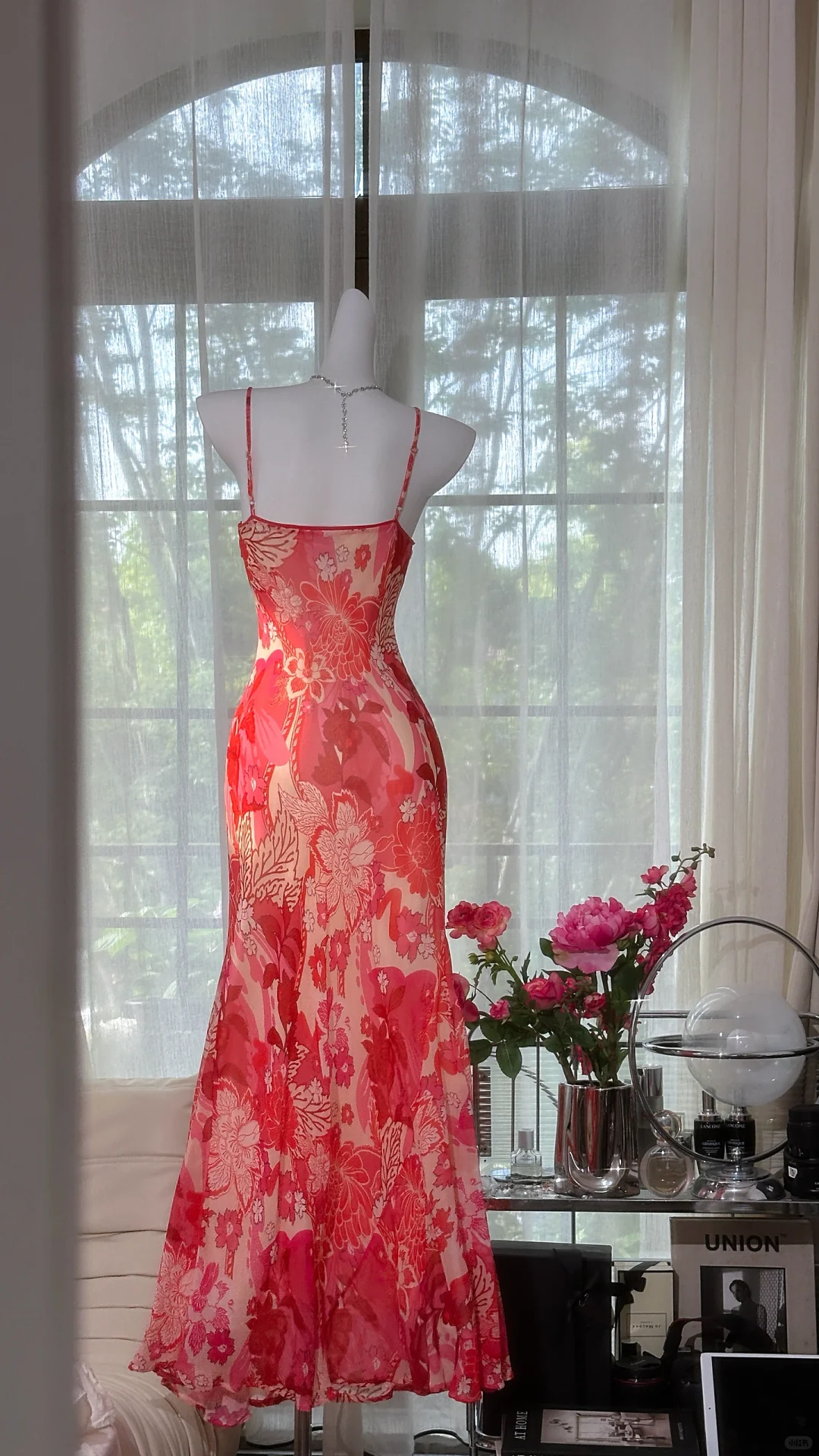 Pretty Spaghetti Straps V Neck Red Chiffon Print Floral Mermaid Evening Dress Long Birthday Prom Gown D1247