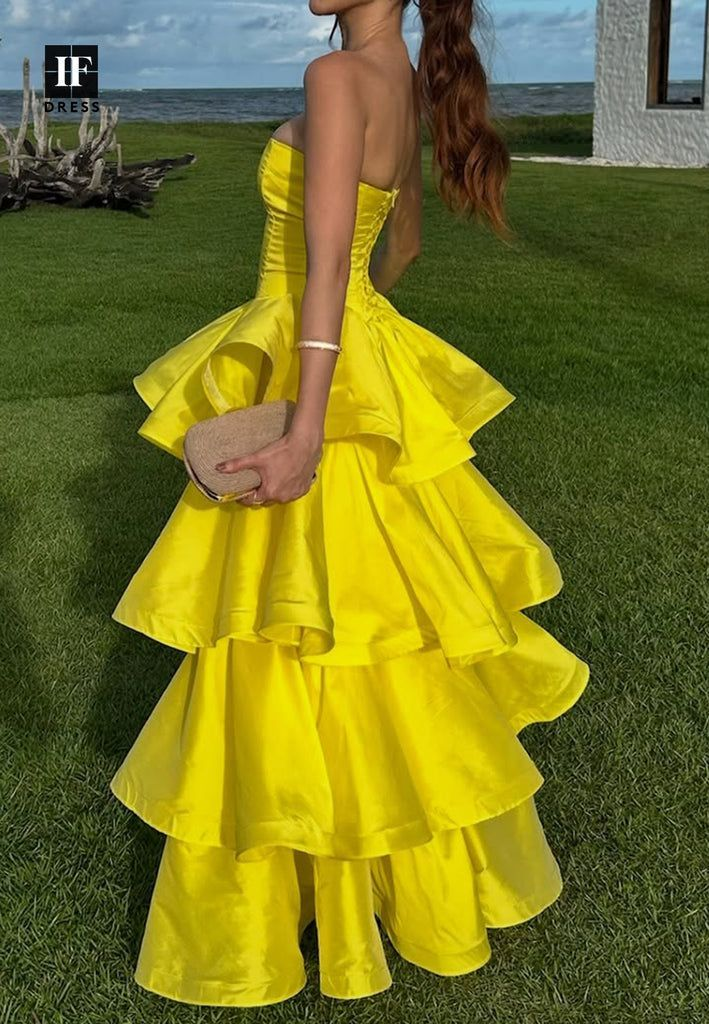 Fashion Yellow Strapless Satin Layered A Line Long Wedding Guest Dress Formal Evening Gown D1541