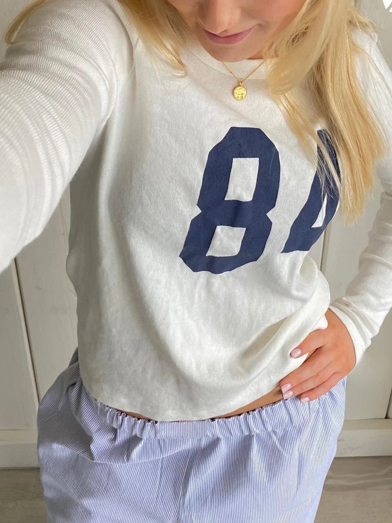 Number Printed Slim O-Neck Long Sleeve Knit Top