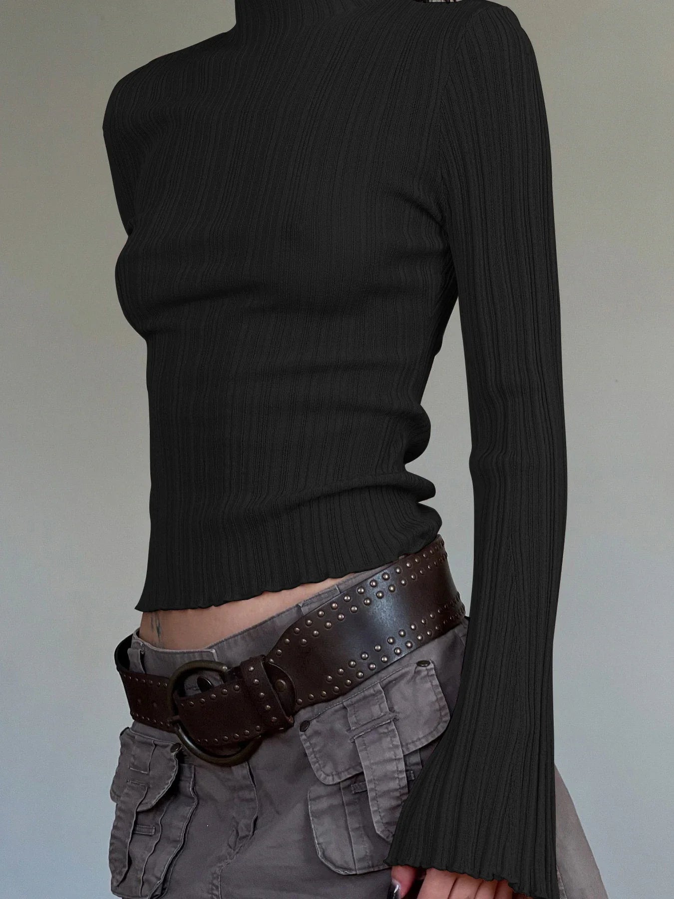 Solid Turtleneck Slim Flare Sleeve Long Sleeve Knit Top - Fashionpara