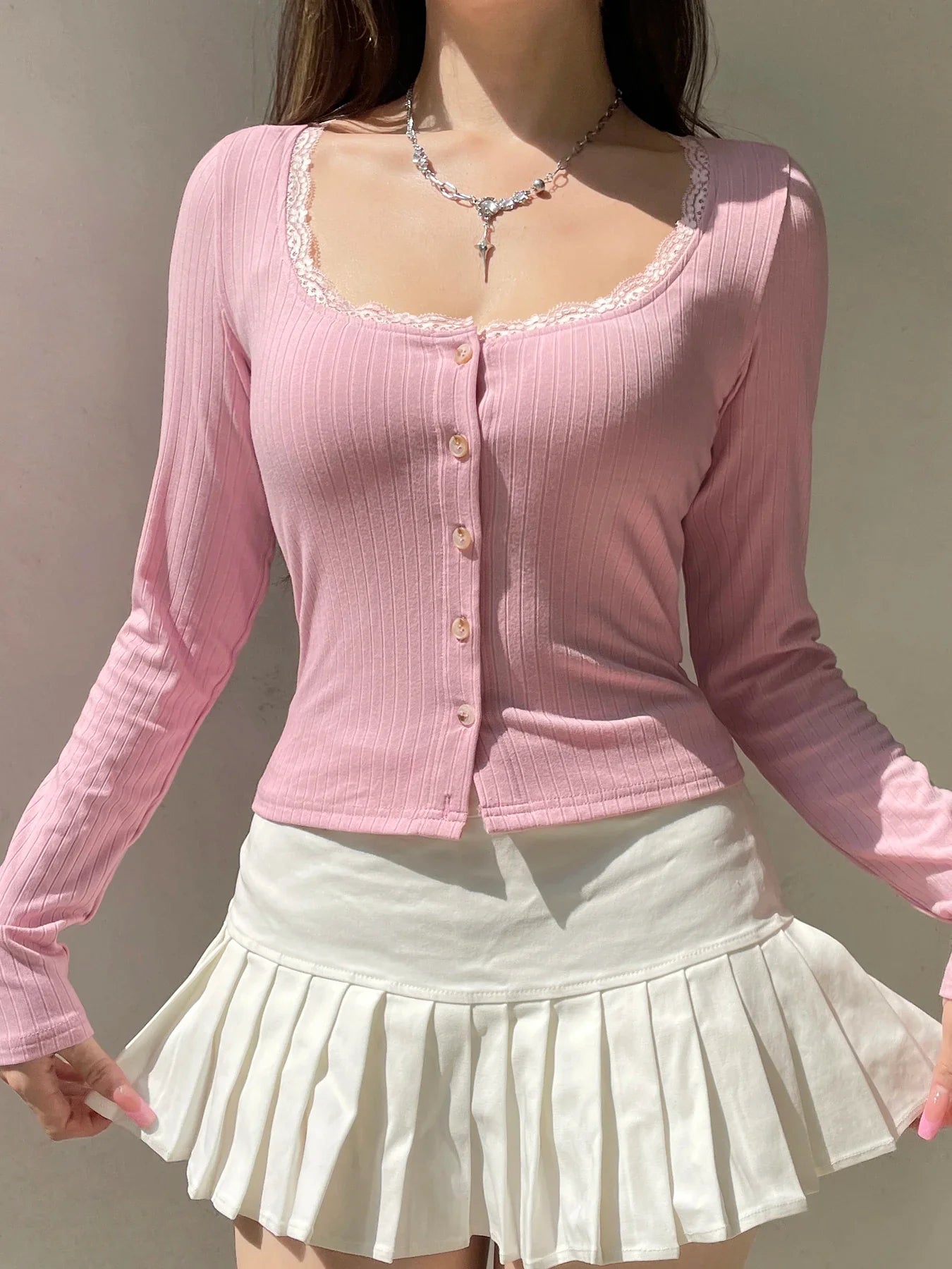 Lace Trim Cropped Slim Square Collar Long Sleeve Knit Top - Fashionpara