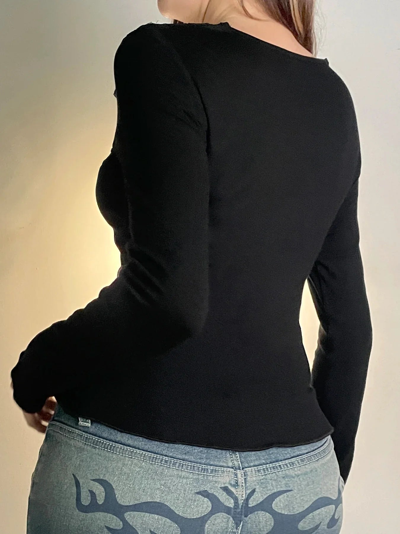 Casual Patchwork Lace Slim V-Neck Long Sleeve Knit Top