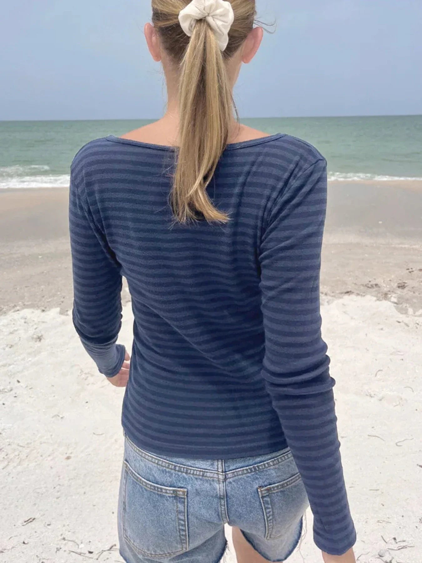 Slim Striped Basic O-Neck Long Sleeve Knit Top - Fashionpara