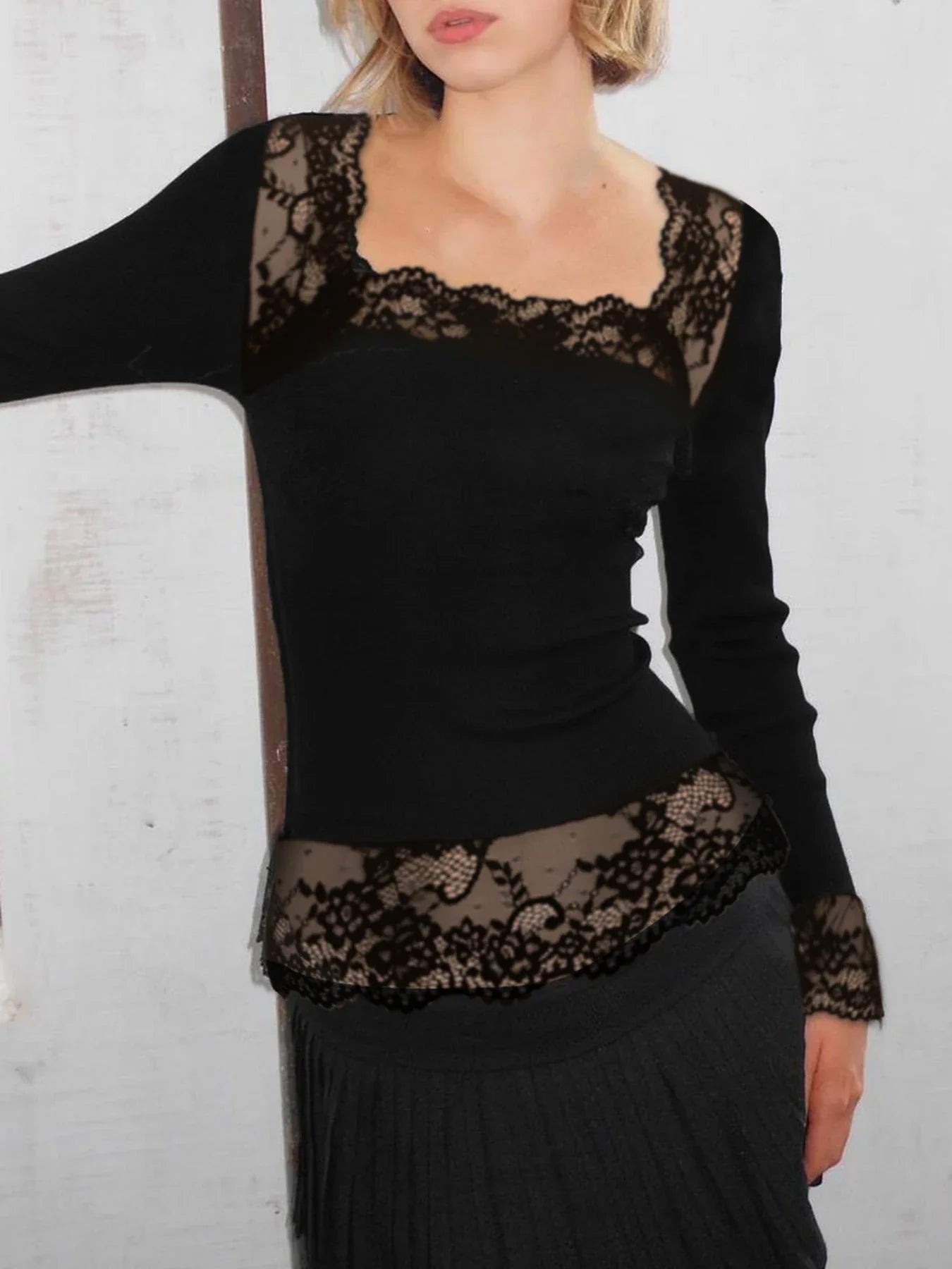 Solid Lace Trim Slim Square Collar Long Sleeve Knit Top - Fashionpara