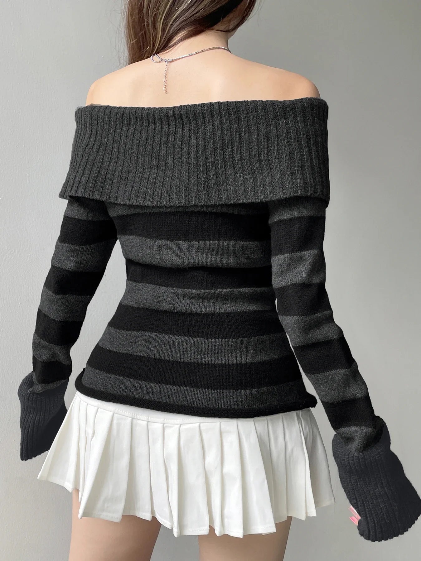 Striped Bandage Knitted Slash Neck Long Sleeve Sweater