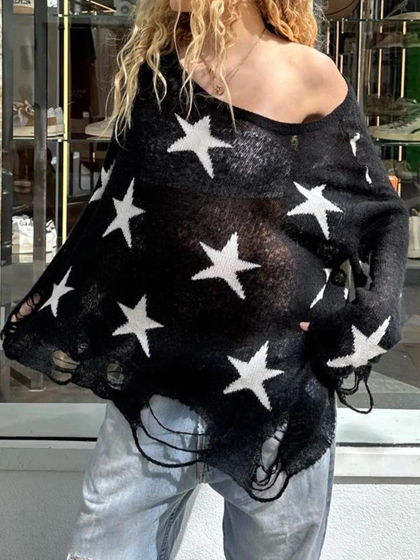 Gothic Hollow Out Knitted Crew Neck Long Sleeve Sweater