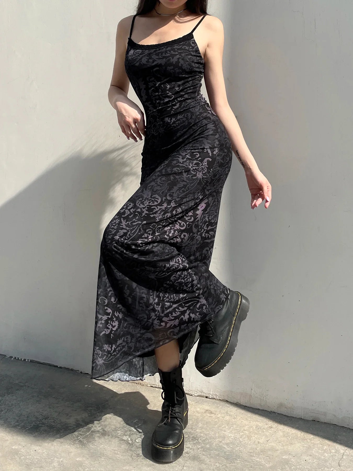 Printed Decorative Trim Mesh Full-Length Dress