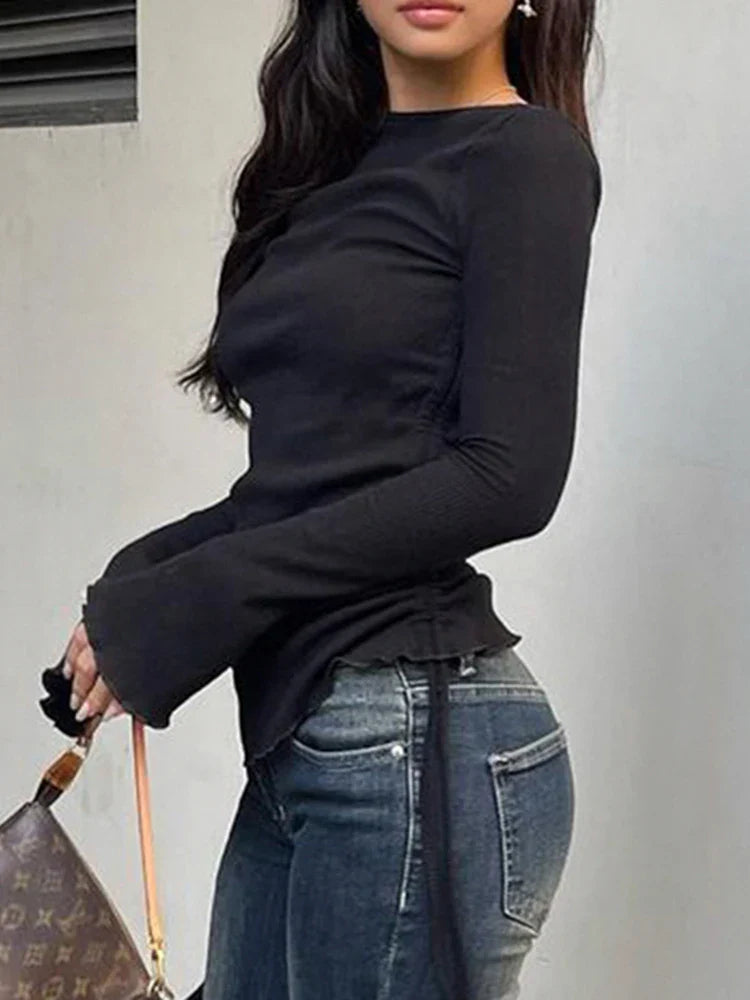 Drawstring Folds Solid Slim O-Neck Long Sleeve Knit Top - Fashionpara