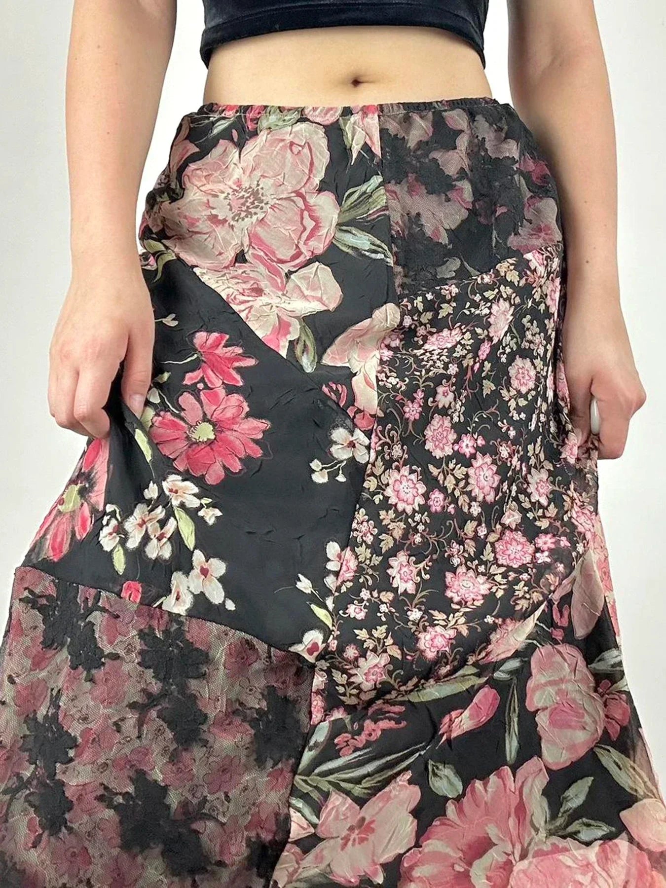 Casual Patchwork Floral Straight Slim Mid-Waisted Maxi Skirt Streetwear