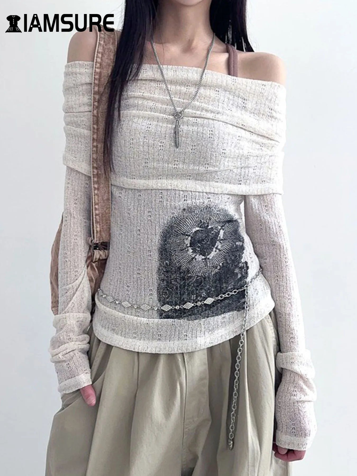 See-Through Printed Slash Neck Long Sleeve Knit Top