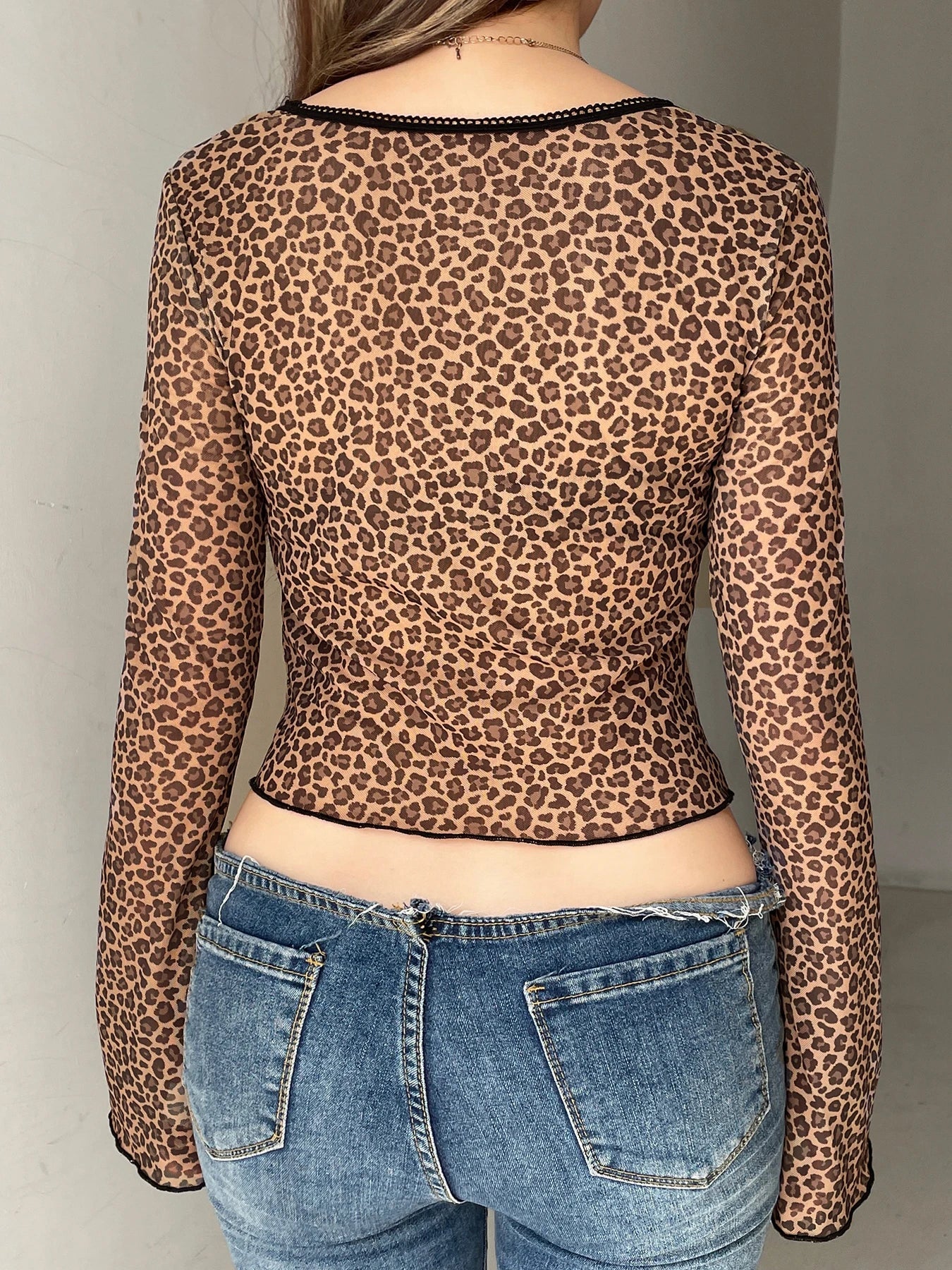 Leopard Split Mesh Slim Square Collar Long Sleeve Knit Top - Fashionpara