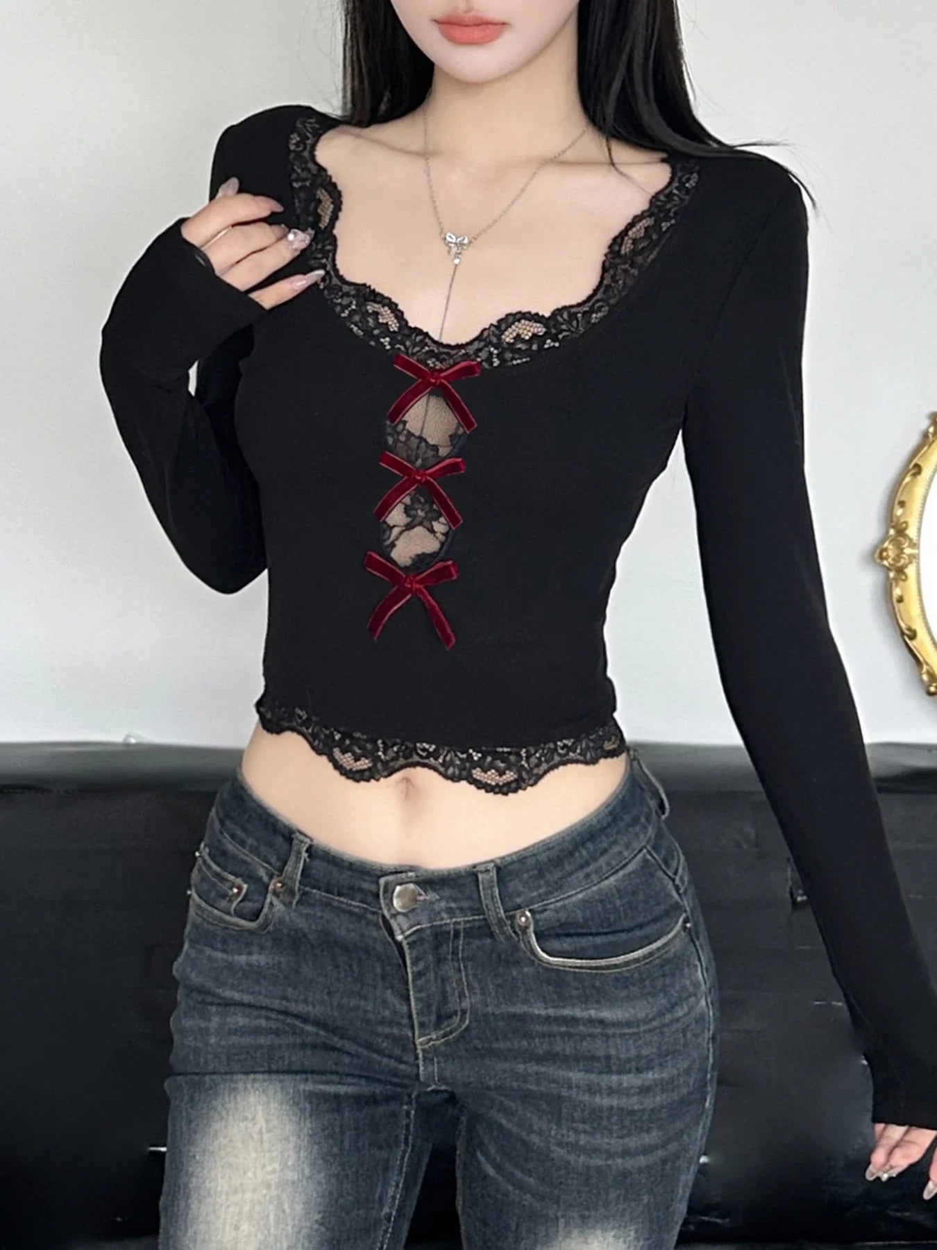 Bow Lace Trim Hollow Out Slim V-Neck Cropped Long Sleeve Knit Top - Fashionpara