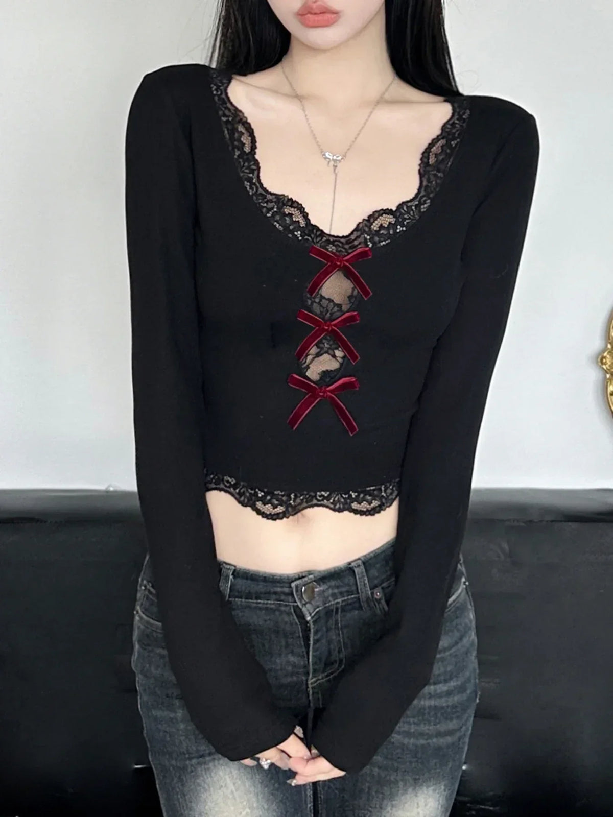 Bow Lace Trim Hollow Out Slim V-Neck Cropped Long Sleeve Knit Top