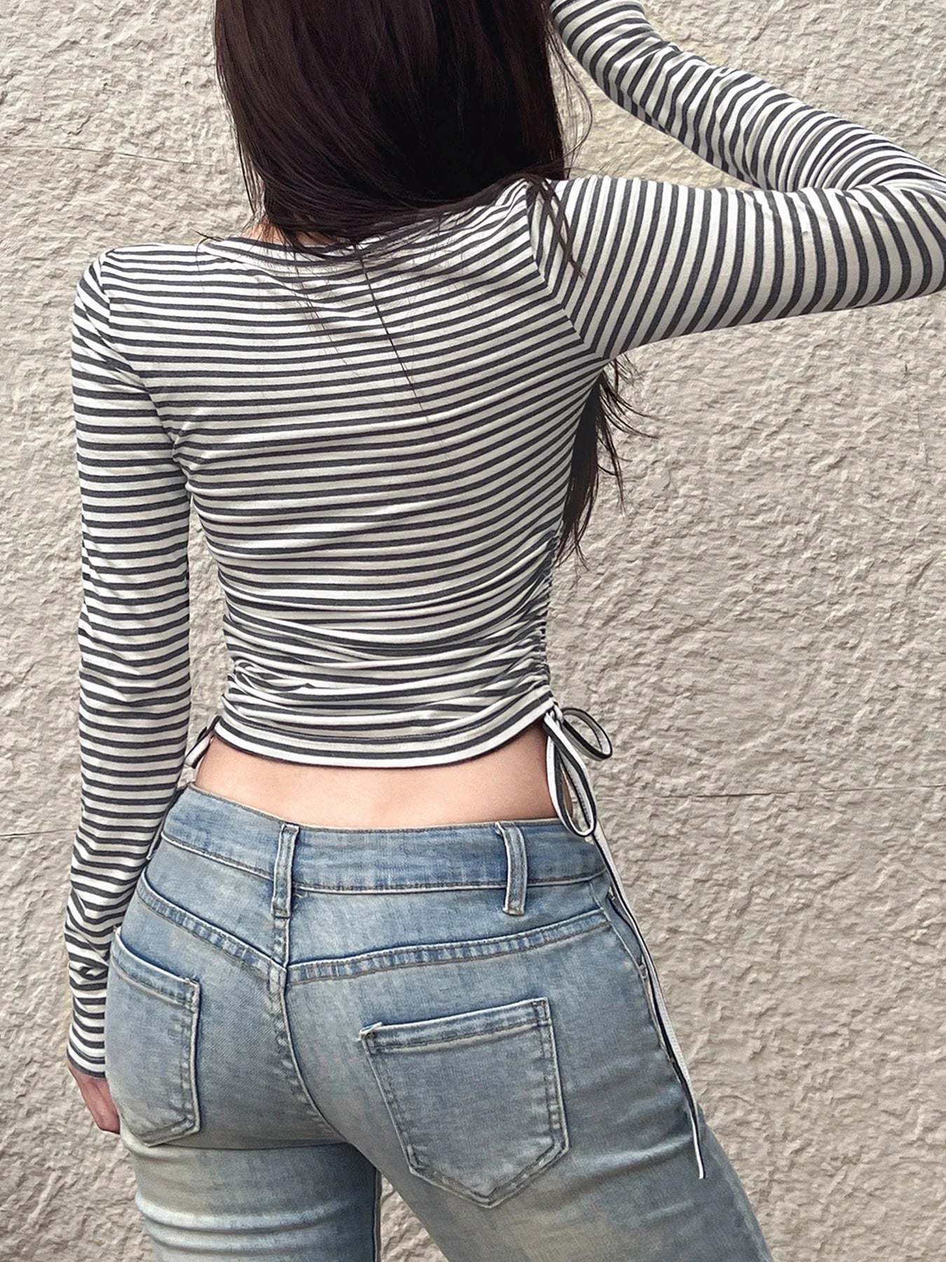 Drawstring Bandage Slim Cropped O-Neck Long Sleeve Knit Top - Fashionpara