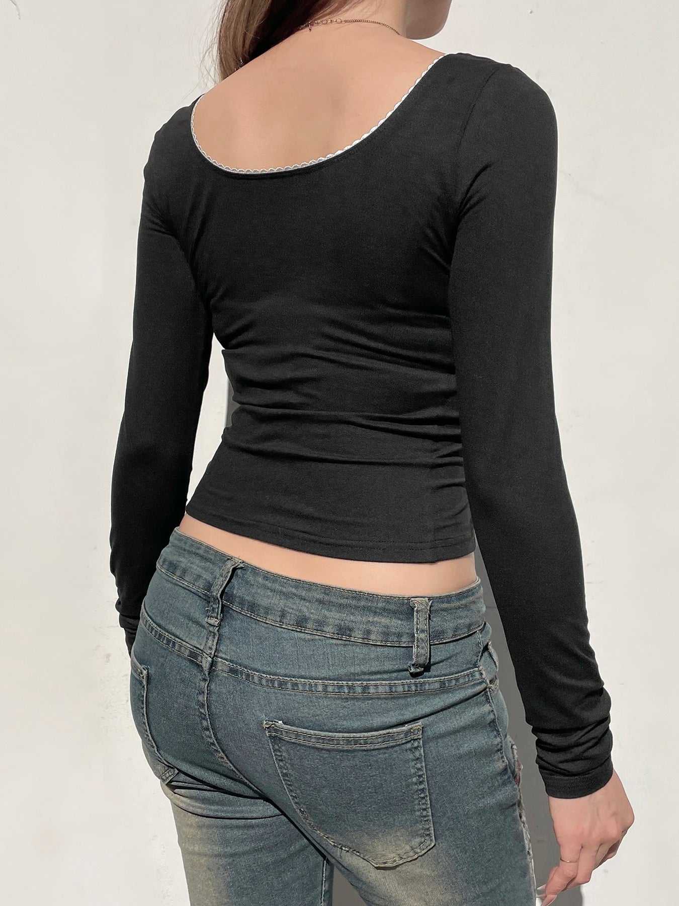 Basic Lace Trim Slim Square Collar Long Sleeve Knit Top