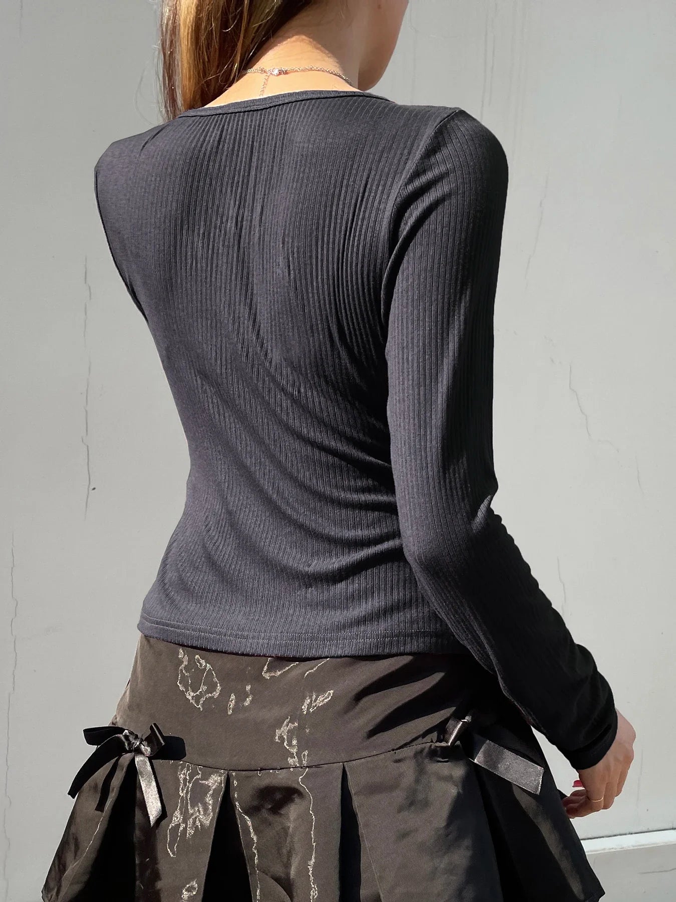 Sweet Patchwork Lace Trim Slim Bow O-Neck Knit Top - Fashionpara