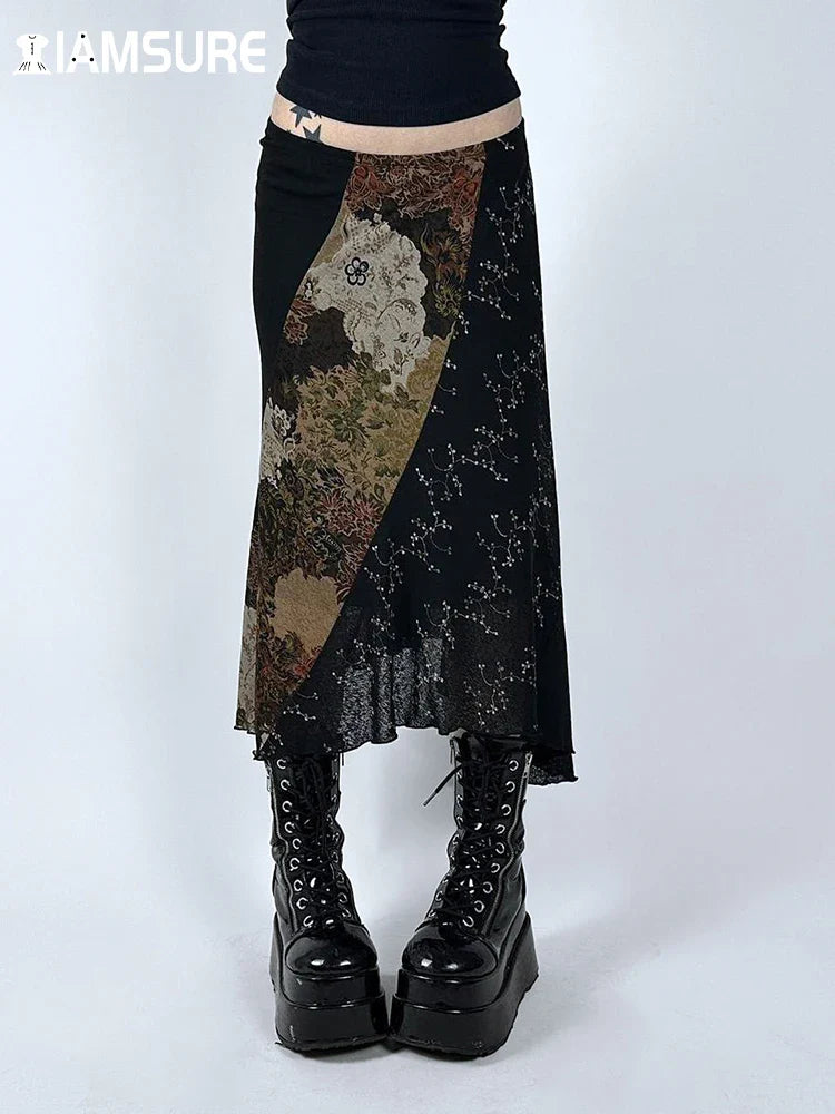 Vintage Patchwork Floral Mesh Skirt Holiday Casual