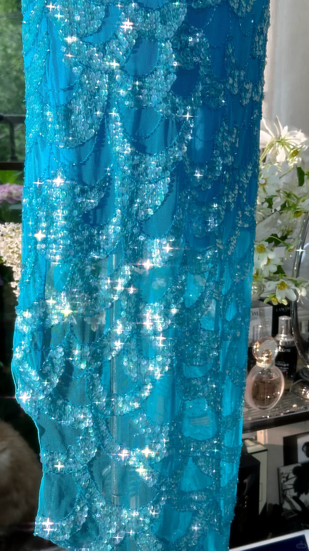 Gorgeous Spaghetti Straps Blue Chiffon Sequin Mermaid Party Dress Long Birthday Prom Gown D1312